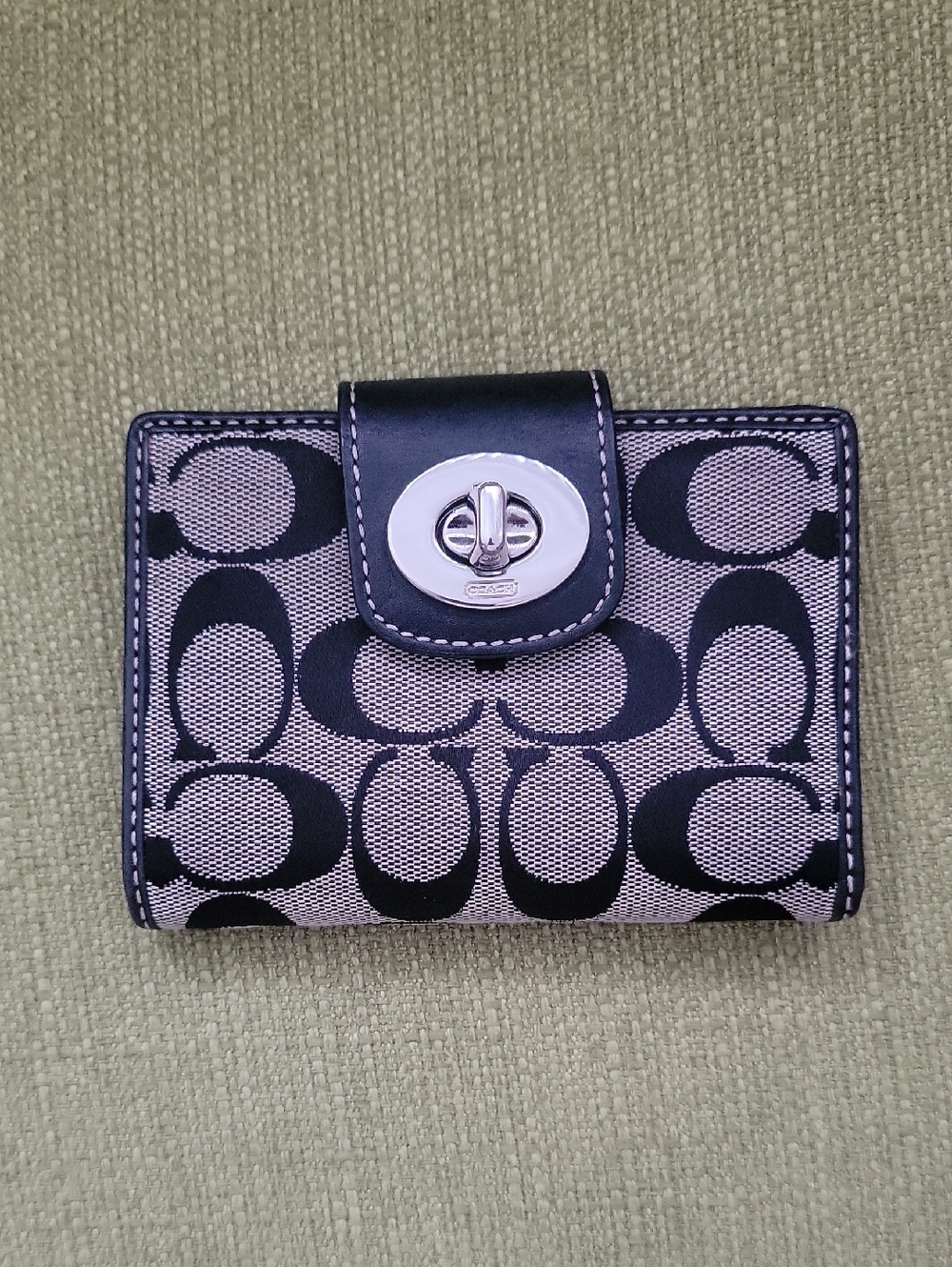 Coach Black and Taupe Signature Turnlock Wallet